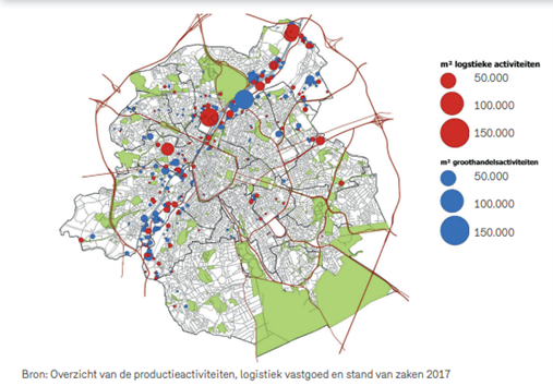 Carte montrant les mètres carrés d'activité logistique et de commerce de gros.